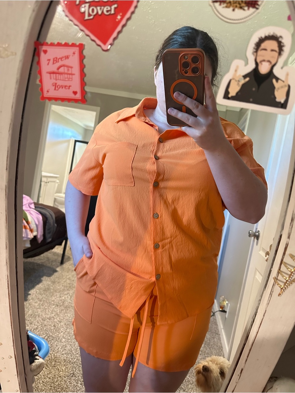 Relaxed Orange Short Set Capris - Casual Button-Up Top & Drawstring Shorts